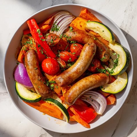 Golden-brown sheet-pan roasted veggies & sausage, a flavorful and easy weeknight dinner idea.