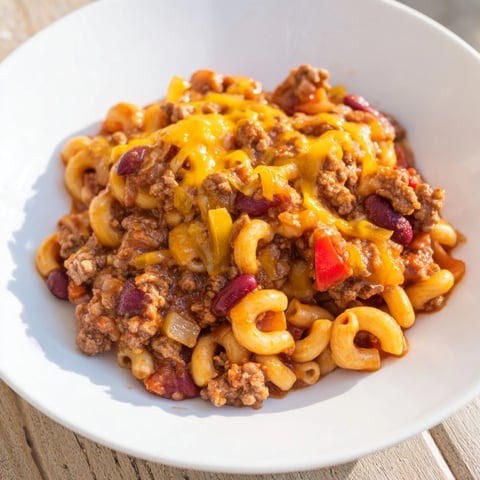 Cheeseburger Chili Mac Skillet overflowing with melted cheddar cheese, a hearty and flavorful one-pan meal.