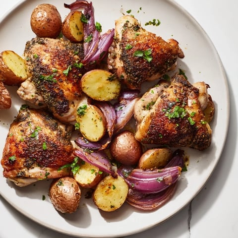 Golden, crispy Sheet Pan Zaatar Chicken with roasted potatoes, ready to serve with fresh parsley and lemon wedges.