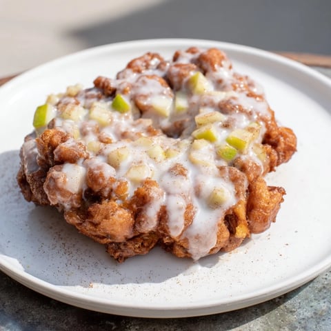 Golden-brown homemade apple fritters, fresh from the fryer and glistening with a sweet glaze.