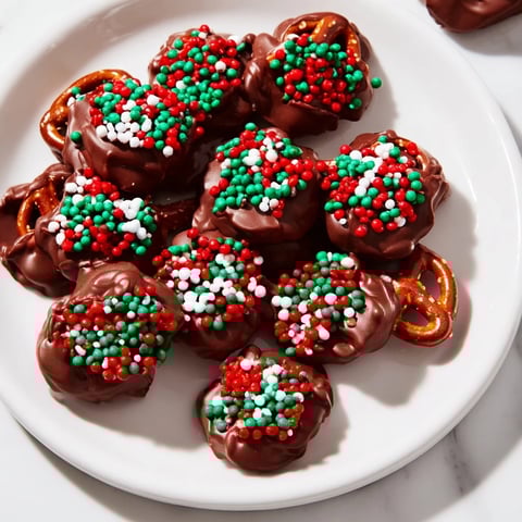Golden air fryer Christmas pretzel bites, glistening with melted chocolate and festive sprinkles, ready to serve!