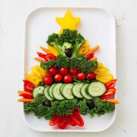Vibrant Healthy Christmas Veggie Platter Tree with colorful vegetables ready for holiday snacking and celebration.