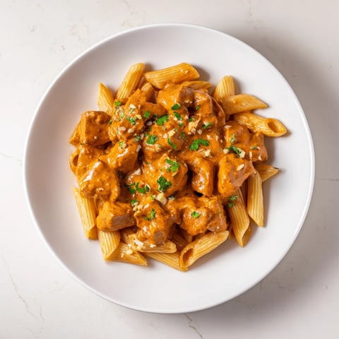 Creamy chicken tikka masala pasta overflowing in a skillet, ready to be served hot and delicious.