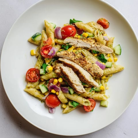 A close-up of creamy Peruvian Aji Verde Chicken Pasta Salad, garnished with fresh cilantro.