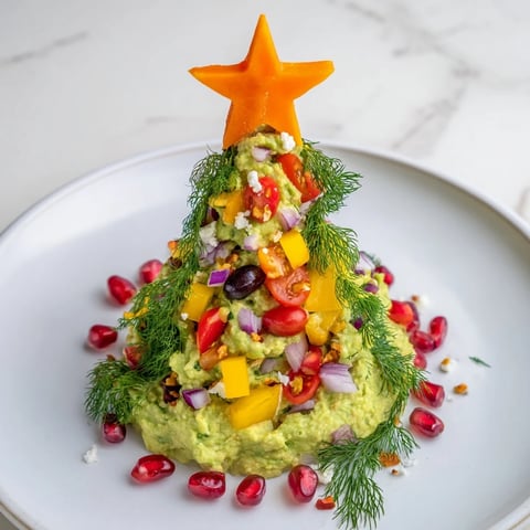 Creamy, festive whipped avocado Christmas tree dip decorated with colorful vegetables for the holidays.