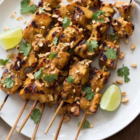 Juicy Spicy Peanut Satay Chicken Skewers, charred from the grill, ready to be served.