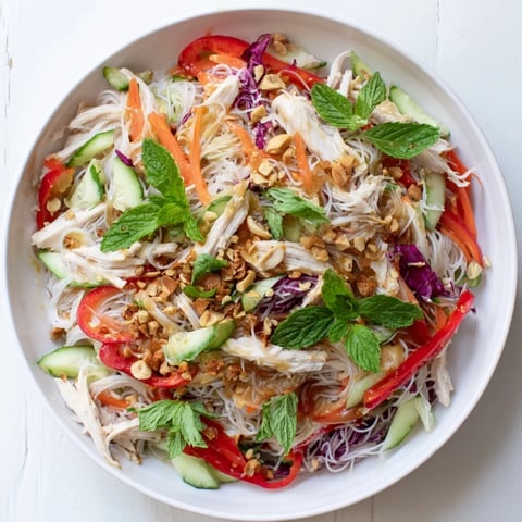 A colorful shot of Vietnamese Crunch Noodle Salad with shredded chicken, ready to eat.