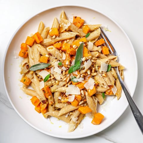 Golden brown Butternut Squash & Sage Brown Butter Pasta, ready to serve with Parmesan and fresh sage.