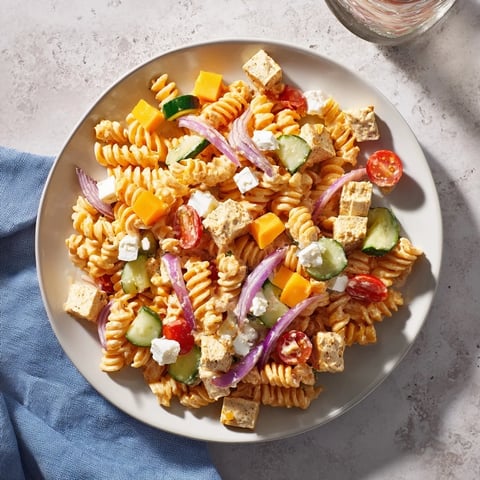 Greek Yogurt Million Dollar Christmas Pasta Salad, a colorful salad with creamy dressing and cheese.