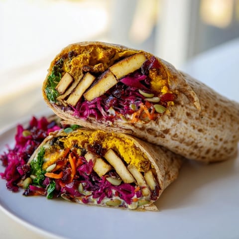 Golden, crispy sweet chili tofu nestled in a vibrant crunch wrap with holiday slaw, ready to eat.