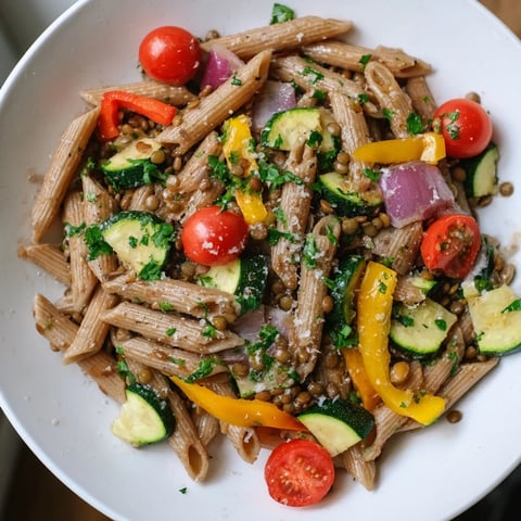 Lentil pasta with vegetables: a hearty bowl of roasted vegetables and pasta, ready to enjoy.
