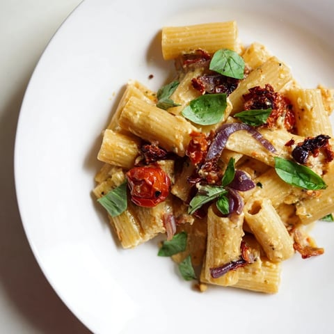 Golden baked feta pasta with sun-dried tomatoes, a creamy and vibrant, vegetarian Mediterranean meal.