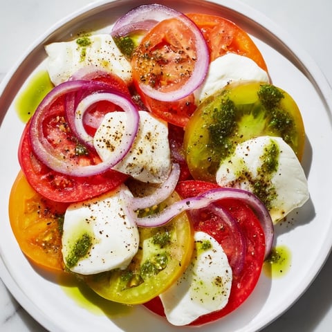Summer Tomato Salad with fresh mozzarella, drizzled with basil oil for a burst of flavor.