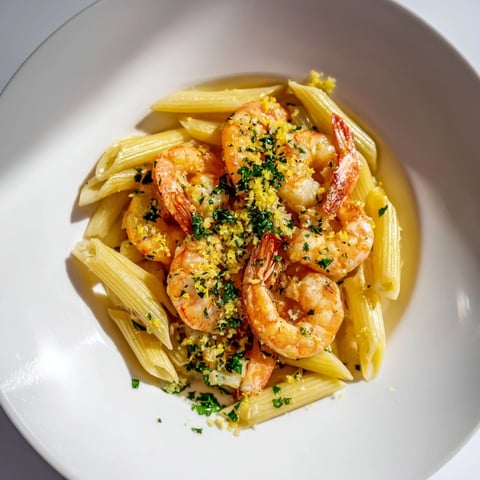 Golden Garlic Shrimp Penne, swimming in a buttery sauce, ready to serve with Parmesan.