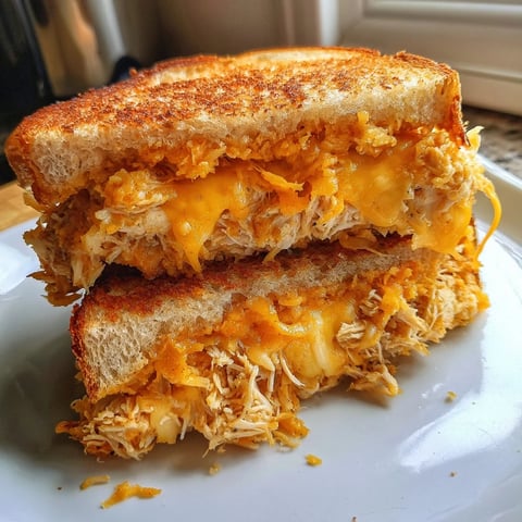 Golden-brown Spicy Crispy Chicken Sandwich Grilled Cheese, oozing melted cheese and spicy shredded chicken inside.