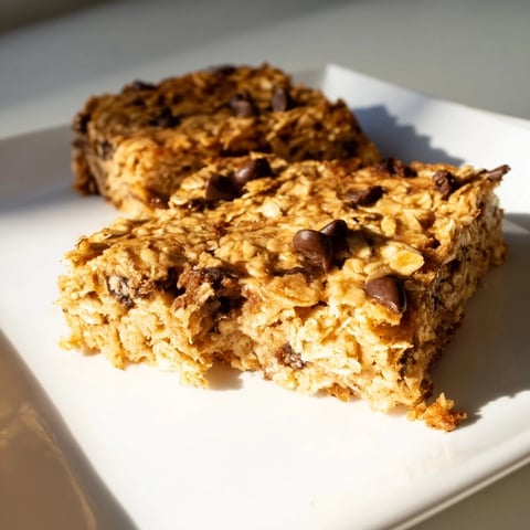 A square of Baked Oats That Taste Like Cake, golden brown with chocolate chips, ready to slice.