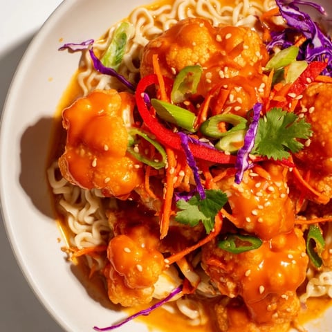 Chaos Cooking Buffalo Cauliflower Ramen: Crispy cauliflower florets floating in a creamy, flavorful ramen broth.