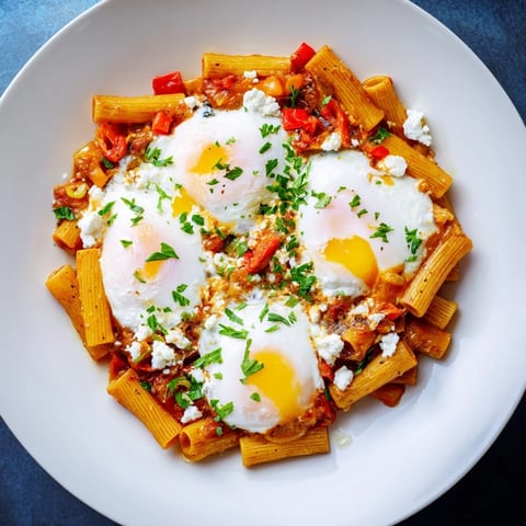 Shakshuka Baked Pasta, a vibrant dish, with runny yolks atop a cheesy, baked pasta creation.
