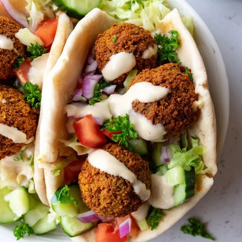 A close-up view of a freshly assembled Falafel Pita Pocket, bursting with colorful, fresh ingredients.