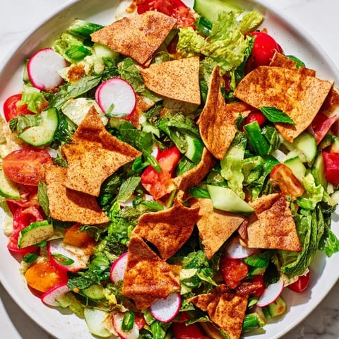 Fresh Fattoush Crunch Salad, bursting with vibrant vegetables and crispy pita chips, drizzled with zesty dressing.