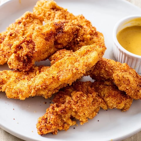 Golden-brown Crispy Fried Chicken Tenders resting on a paper towel-lined plate, steam rising from the crunchy seasoned crust.