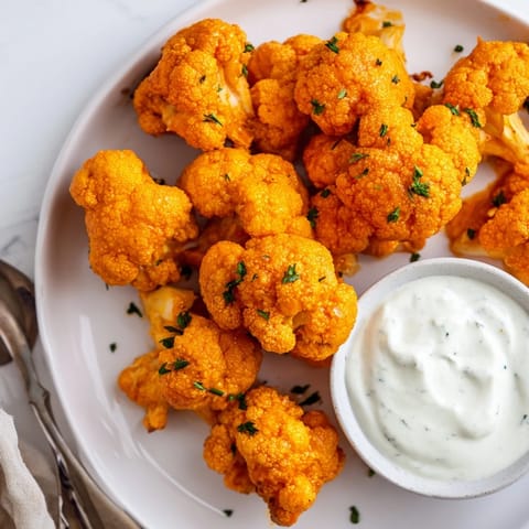 Spicy cauliflower florets drizzled in buffalo sauce, perfect for game day snacking.  