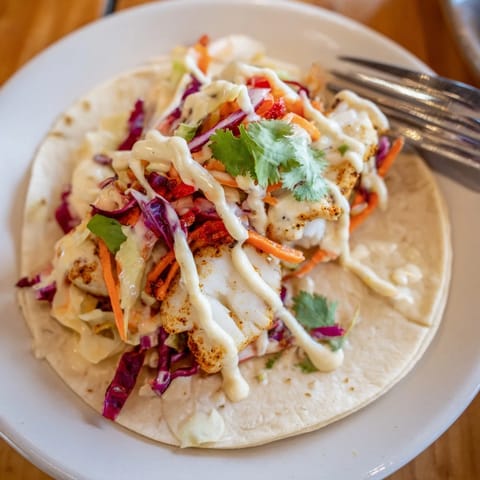 Spicy Cajun blackened fish tacos topped with creamy sauce and fresh cilantro.  