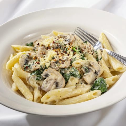 Luscious creamy one-pot spinach and mushroom pasta garnished with fresh Parmesan.  