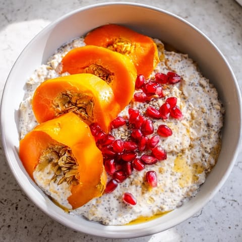 Enjoy a spoonful of delicious Overnight Oats with Persimmon, a healthy breakfast featuring colorful toppings.