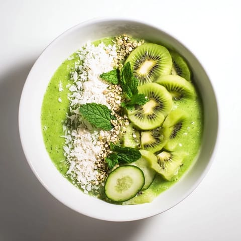 Freshly made green smoothie bowl overflowing with vibrant kale and kiwi slices for a healthy start.