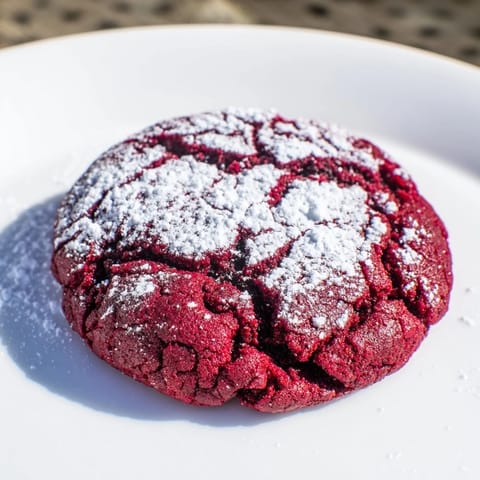 Warm, gooey red velvet chocolate crinkle cookies fresh from the oven, with a cracked, sugary top.