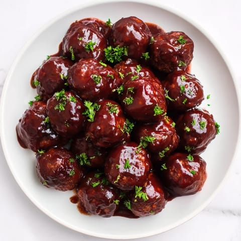 Perfectly coated slow cooker cherry BBQ meatballs, a sweet, savory, and easy game-day treat.