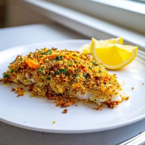 Golden-brown, crispy Ritz cracker topping blankets flaky baked cod, ready to serve with lemon wedges.