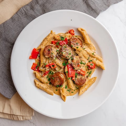 Sizzling skillet showcasing flavorful Smoked Sausage Cajun Alfredo, a spicy, satisfying pasta dish.