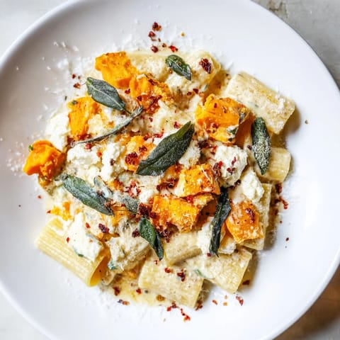 Creamy Viral Sweet Potato Goat Cheese Sage pasta is ready, garnished with crispy sage leaves.