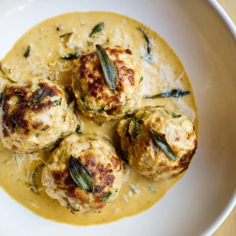 A savory image of freshly baked Easy Turkey Meatballs in Pumpkin Sage Sauce, simmering gently in the skillet.