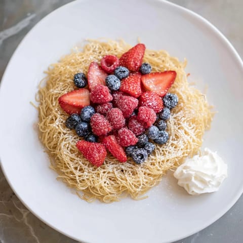 Light, airy Quick Festive Pancake Spaghetti piled high with fresh berries and powdered sugar.