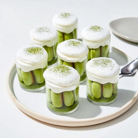 These Matcha Mascarpone Tiramisu Snow Cups feature beautiful layers of light-green matcha, delicious mascarpone.