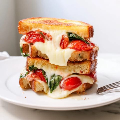 Golden-brown Air Fryer Pizza Margherita Grilled Cheese, oozing with cheese and fresh basil, a delicious Italian-American meal.