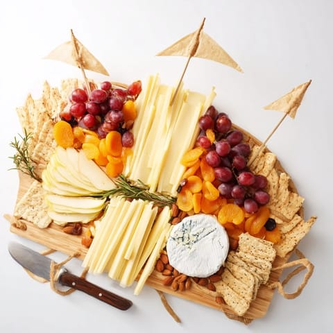 Whimsical sailboat cheese platter with Brie, crackers, and grapes; an elegant appetizer.