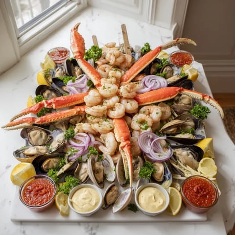 A beautifully arranged Starfish & Shell Appetizer Board, perfect for elegant seafood enjoyment, visually appealing.