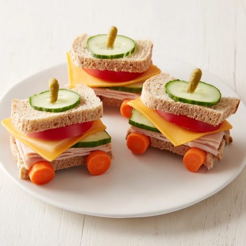 Car-Shaped Lunch is ready for the road! Imagine a vibrant, fun sandwich with wheels, packed with healthy snacks.