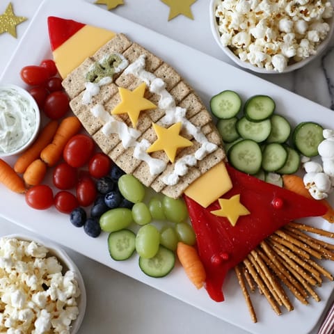 Homemade Blast Off Spaceship Snack Board featuring cheese as the rocket, surrounded by fresh, colorful treats.