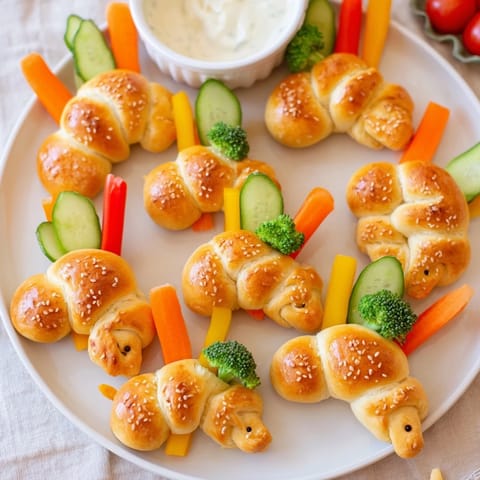 Golden-baked dinosaur bone breadsticks sit with fresh, crisp veggies in this Prehistoric Crudités appetizer.