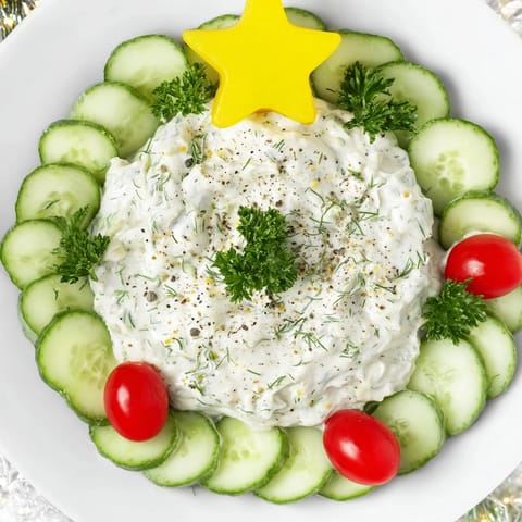 Holiday appetizer offering, a fresh Cucumber and Tomato Tree Dip Platter with delicious, creamy base and veggie "tree."
