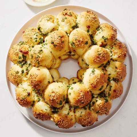 Deliciously cheesy Festive Pull-Apart Bread Wreath, freshly baked with a beautiful pull-apart texture and savory herbs.