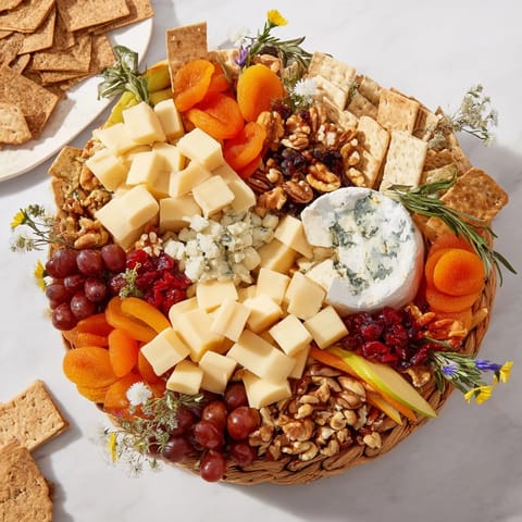 A gorgeous view of an Autumn Harvest Horn of Plenty, brimming with cheese and fresh herb garnishes.