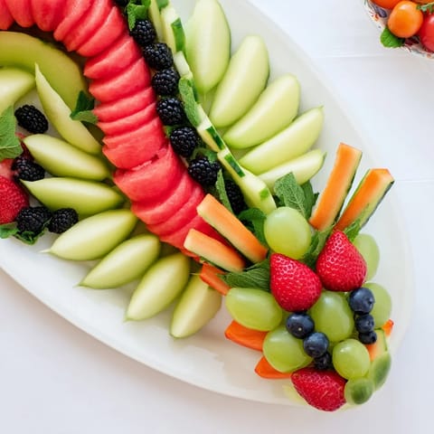 This impressive dragon fruit tray showcases fresh melon scales and sparkling fruit, creating a festive centerpiece.