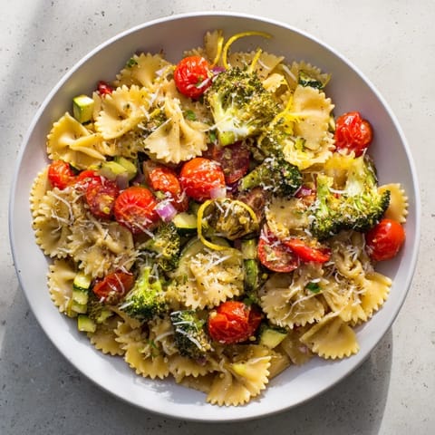 Vibrantly colorful Ditalini with Air-Fried Vegetables in a bowl, showcasing perfectly roasted vegetables.