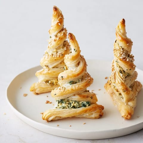 Flaky puff pastry Christmas tree appetizer with golden-brown, twisted branches, ready to serve and enjoy.
